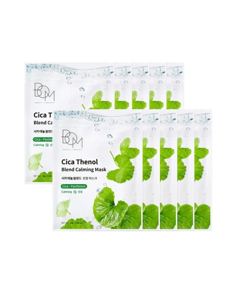 BOM Cica Thenol Blend Calming Mask - raminančios odą lakštinės veido kaukės, 10 vnt