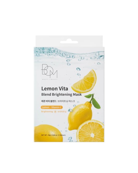 BOM Lemon Vita Blend Brightening Mask - skaistinančios odą lakštinės veido kaukės, 10 vnt