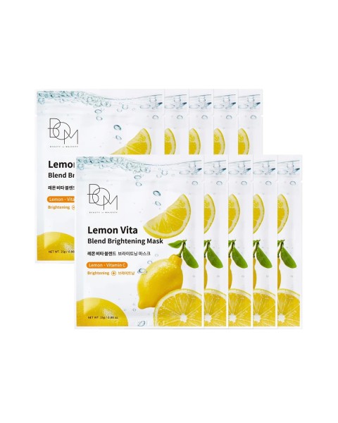 BOM Lemon Vita Blend Brightening Mask - skaistinančios odą lakštinės veido kaukės, 10 vnt