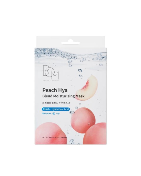 BOM Peach Hya Blend Moisturizing Mask - drėkinančios odą lakštinės veido kaukės, 10 vnt