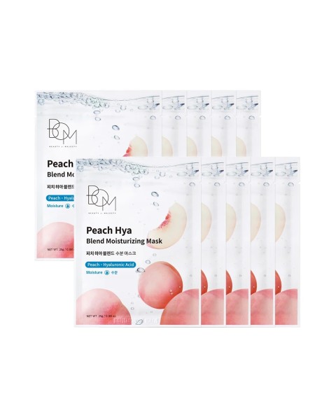 BOM Peach Hya Blend Moisturizing Mask - drėkinančios odą lakštinės veido kaukės, 10 vnt