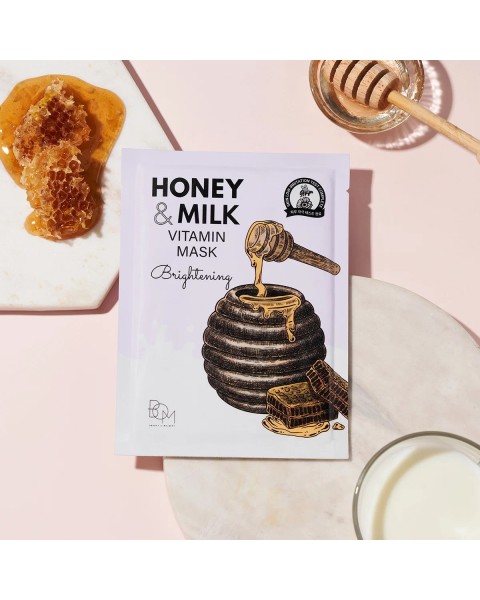 BOM Honey & Milk Vitamin Mask - skaistinančios odą lakštinės veido kaukės, 10 vnt