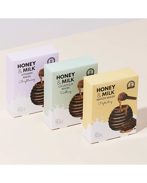 BOM Honey & Milk Vitamin Mask - skaistinančios odą lakštinės veido kaukės, 10 vnt